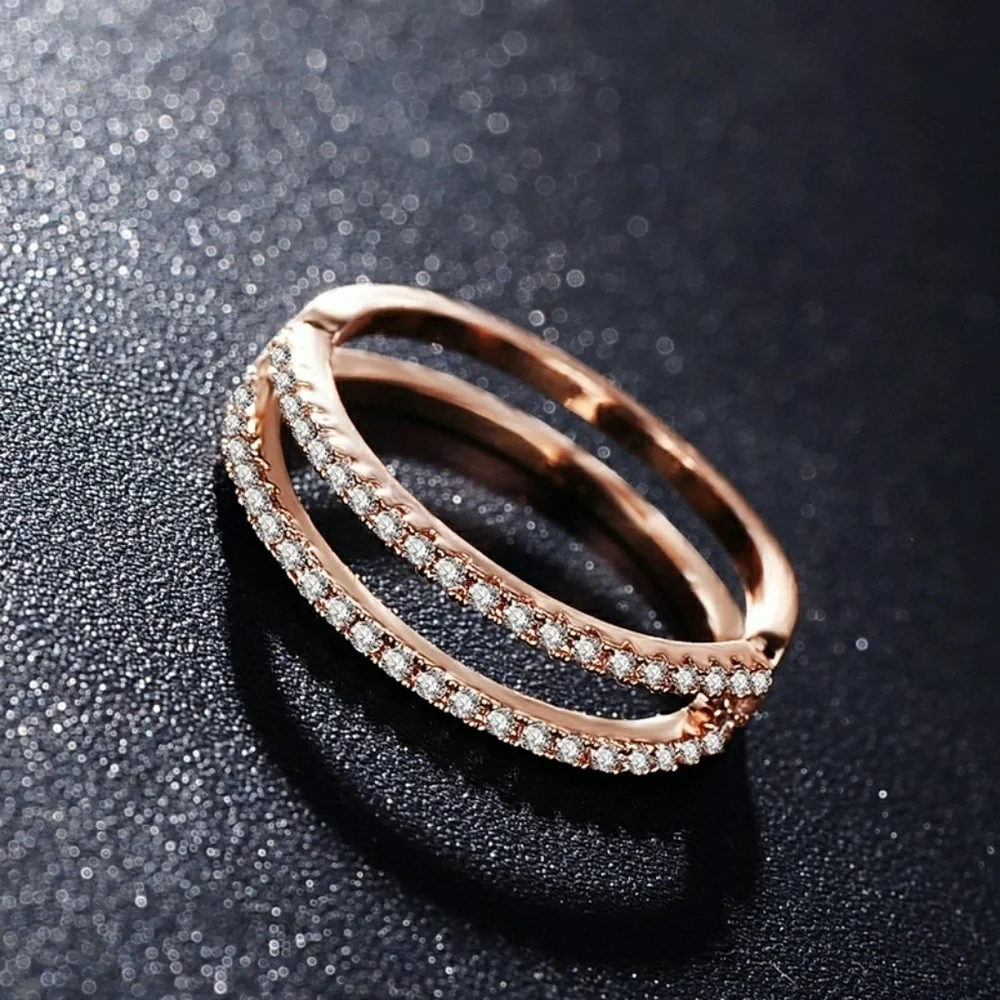 Rose Gold Double Band Ring with Cubic Zirconia Pave Setting Size 8 - Picture 5 of 6
